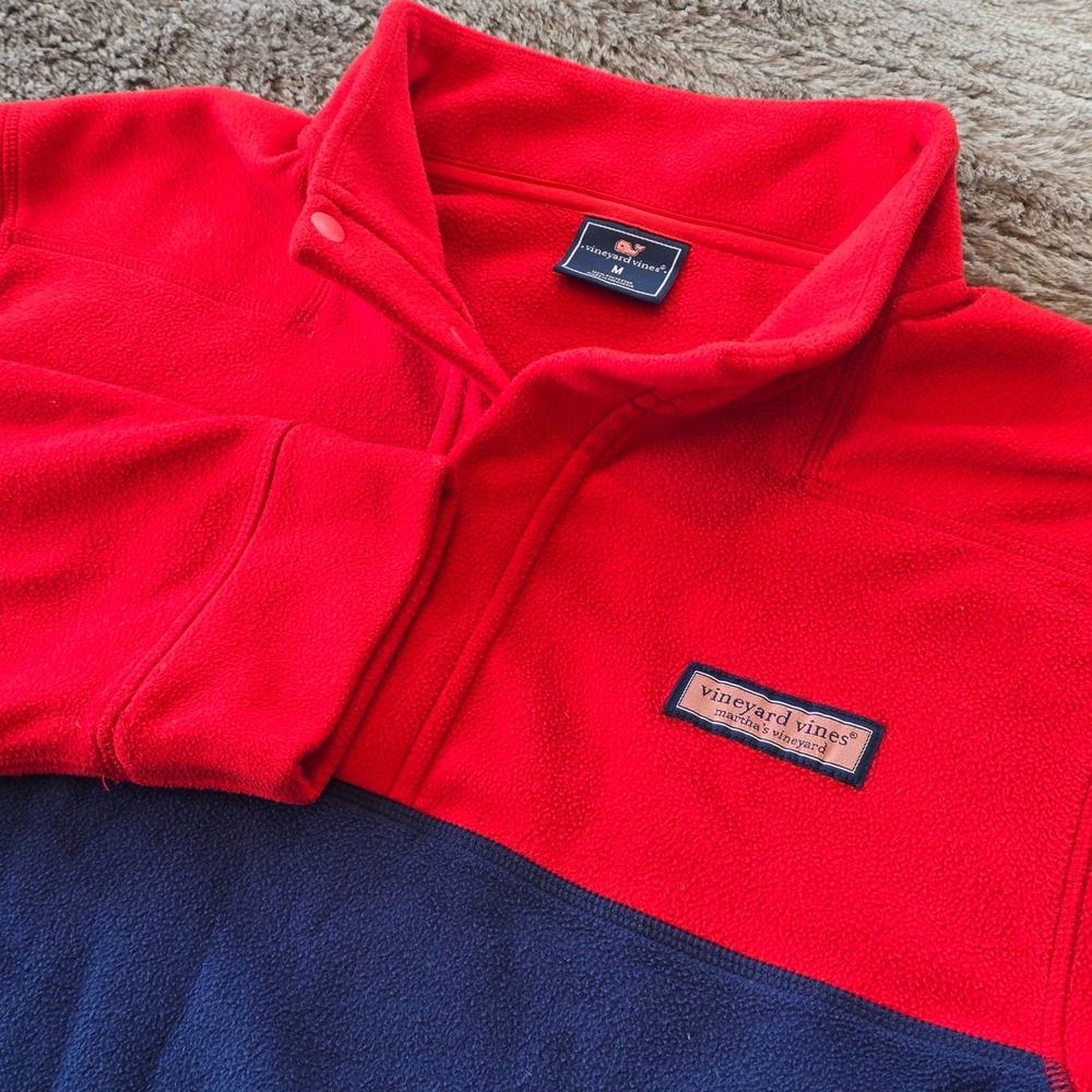 Vineyard‎ Vines Mens Fleece Pullover Red Navy Blue Colorblock Snap Mock Neck M